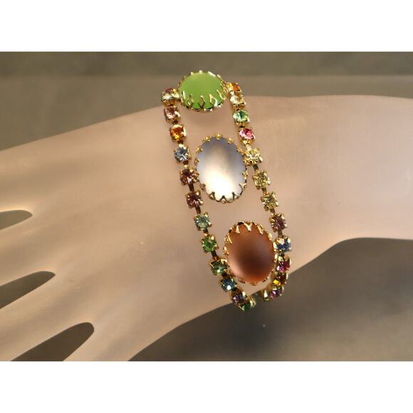 Frosted Glass Rhinestone Bracelet Large Peach Green Blue Satin Stones - Picture 1 of 6